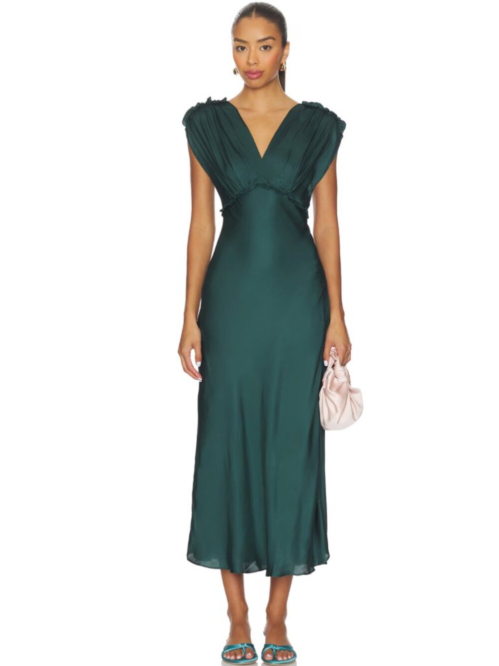 NEW ASTR the Label Deitra Midi Dress in Teal Green Satin XS